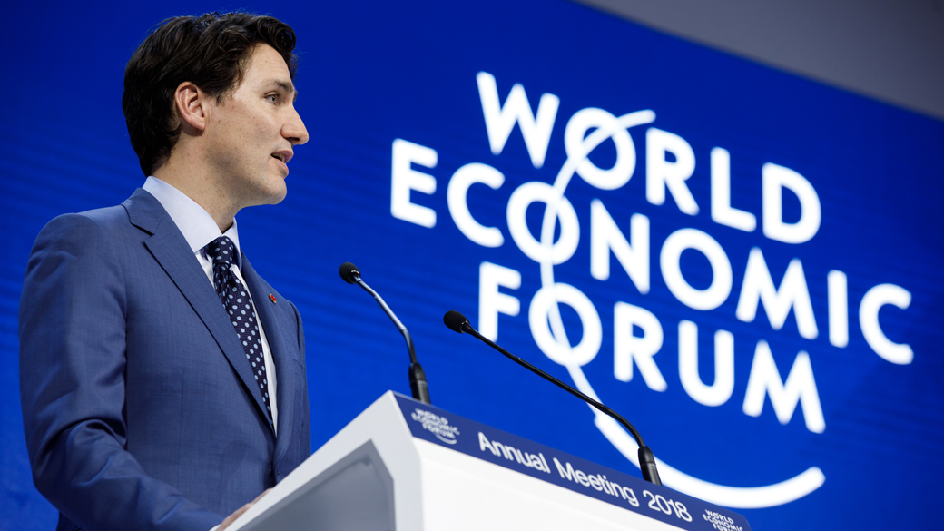 Prime Minister Justin Trudeau addresses the crowd during the World Economic Forum.