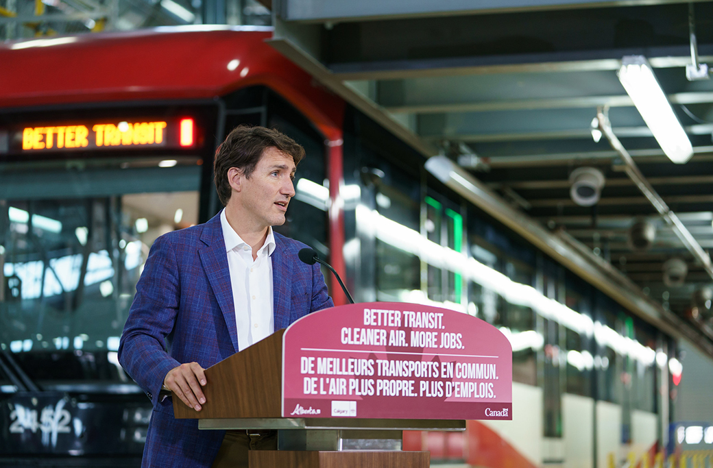 Prime Minister Justin Trudeau makes a public transit announcement at the CT Oliver Bowen