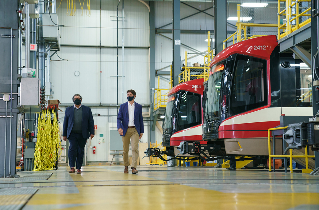 Prime Minister Justin Trudeau makes a public transit announcement at the CT Oliver Bowen