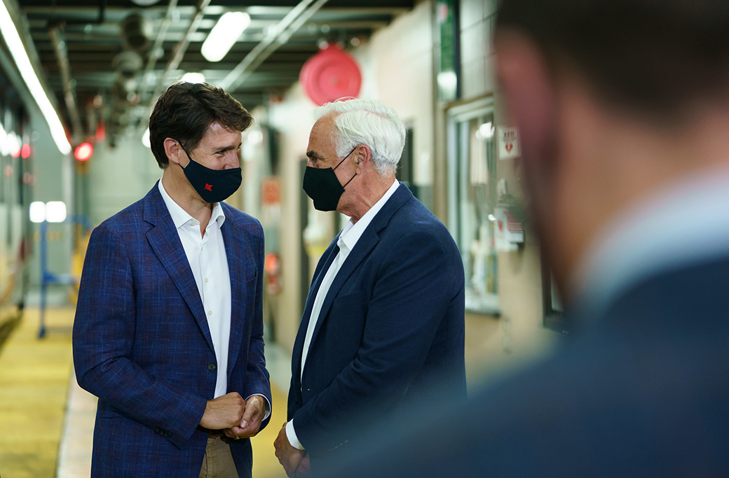 Prime Minister Justin Trudeau makes a public transit announcement at the CT Oliver Bowen