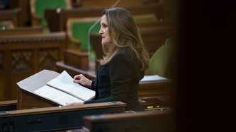Deputy Prime Minister Chrystia Freeland stands at a podium with papers in the House of Commons