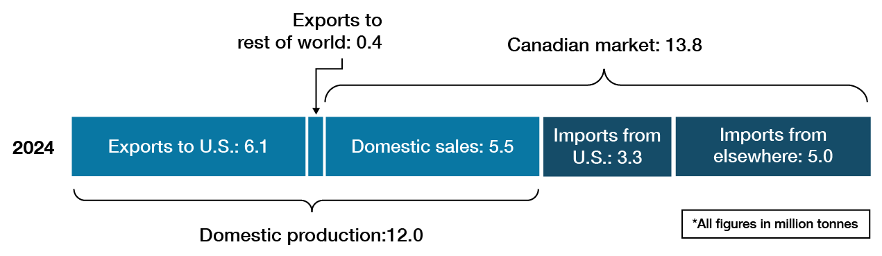 The flowchart represents an estimate of the Canadian steel mill product market for 2024. Domestic production totals 12.0 million metric tonnes. This production is divided into: 6.1 million metric tonnes of exports to the U.S., 0.4 million metric tonnes of exports to the rest of the world, and 5.5 million metric tonnes of domestic sales within Canada. The Canadian market totals 13.8 million metric tonnes and consists of: 5.5 million metric tonnes of domestic sales, 3.3 million metric tonnes of imports from the U.S., and 5.0 million metric tonnes of imports from elsewhere.