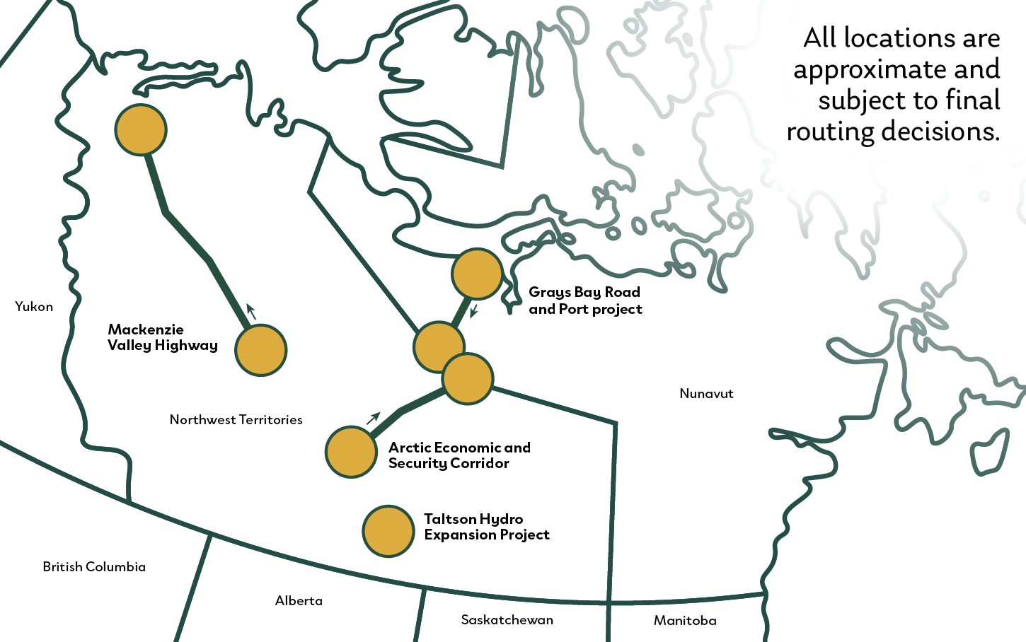 A partial map of Canada marking the locations of the four new Northern Resilience Projects.