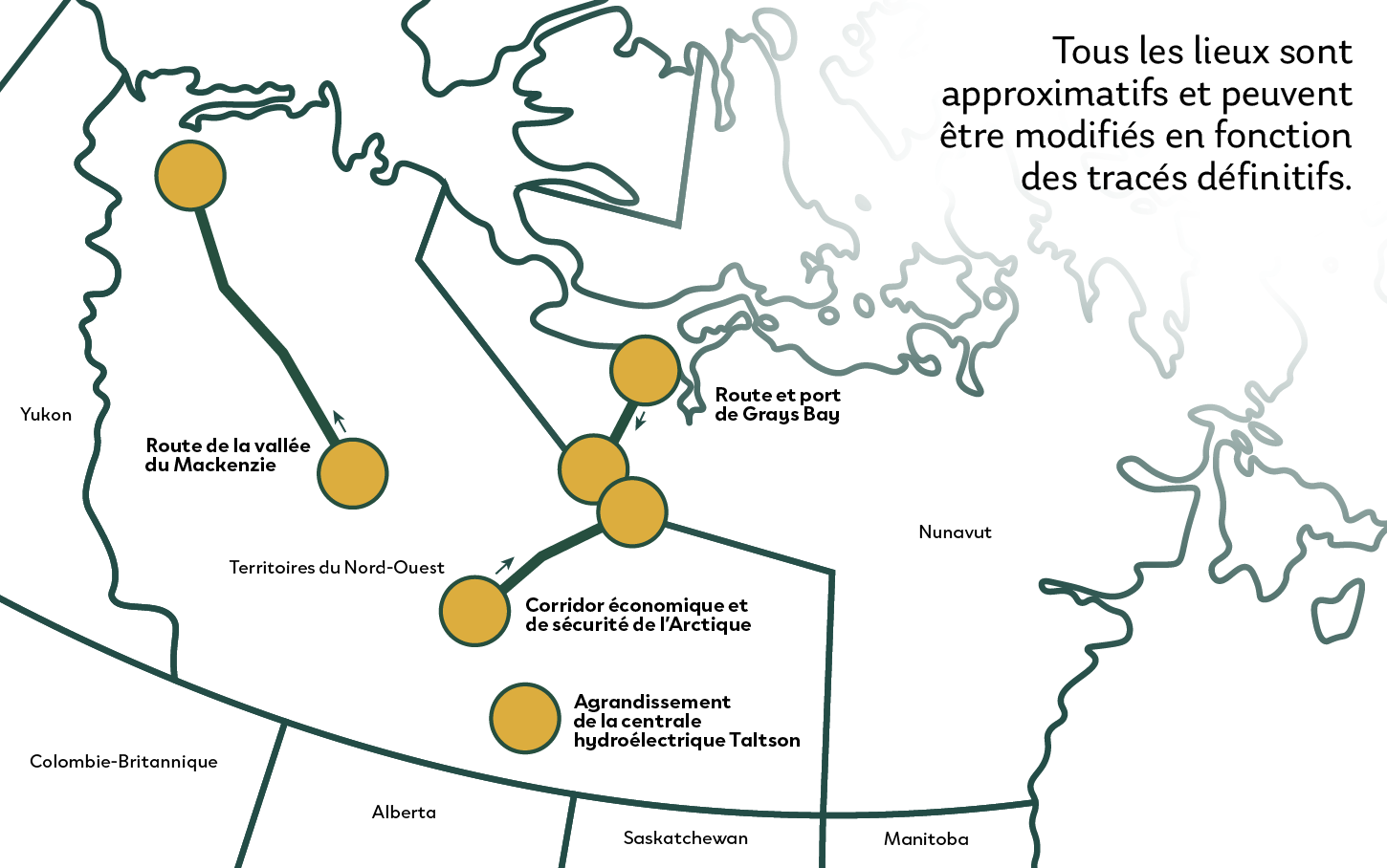 Carte partielle du Canada sur laquelle sont indiqués les emplacements de quatre nouveaux projets de résilience dans le Nord