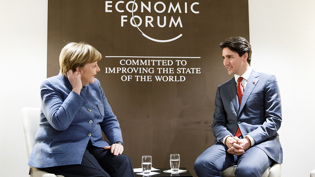 No title Prime Minister Justin Trudeau meets with Chancellor Angela Merkel of Germany on the margins of the World Economic Forum annual meeting in Davos, Switzerland.