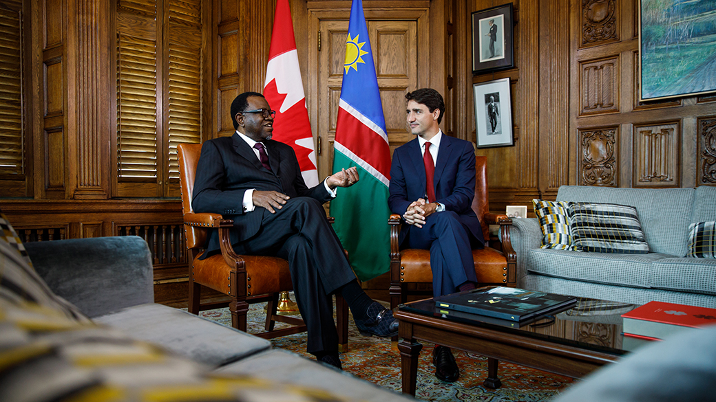 No title PM Trudeau sits and talks with the President of Namibia
