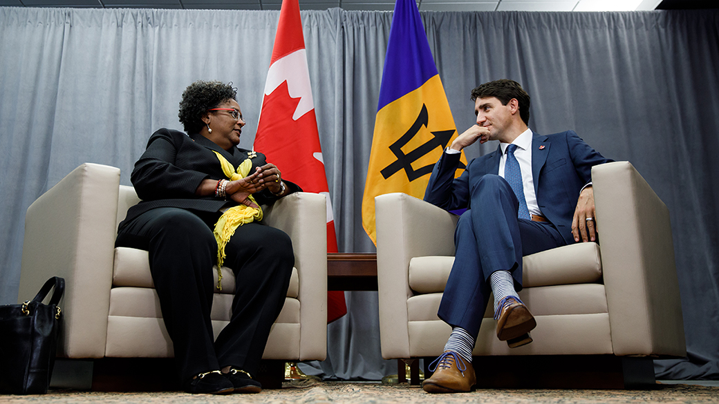 No title PM Trudeau sits and talks with Prime Minister of Barbados, Mia Mottley