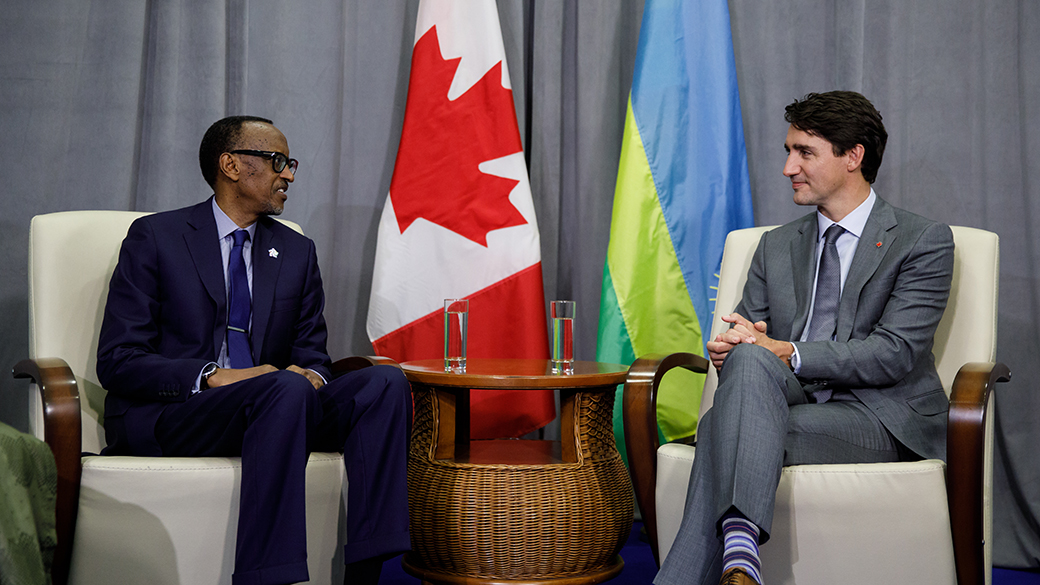 No title PM Trudeau sits and talks with President Paul Kagame