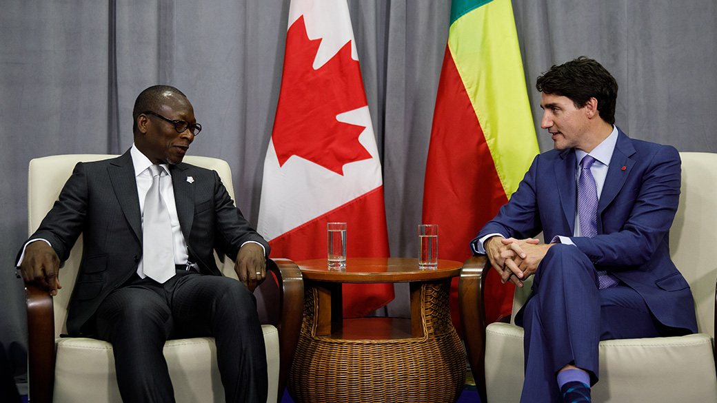 No title PM Trudeau sits and talks with President Patrice Talon
