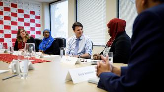 Photo number 1 from the photo gallery Prime Minister Justin Trudeau, Minister Amarjeet Sohi, and MP Randy Boissonnault participate in a roundtable discussion with community leaders at the Edmonton Mennonite Centre for Newcomers