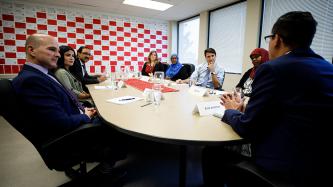 Photo number 2 from the photo gallery Prime Minister Justin Trudeau, Minister Amarjeet Sohi, and MP Randy Boissonnault participate in a roundtable discussion with community leaders at the Edmonton Mennonite Centre for Newcomers