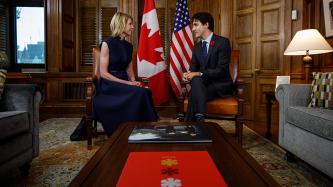 Prime Minister Justin Trudeau and the United States Ambassador to Canada, Kelly Craft, sit and talk in his office
