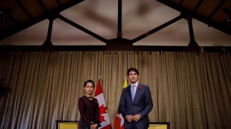 Prime Minister Justin Trudeau poses for a photograph with the State Counsellor of Myanmar, Aung San Suu Kyi