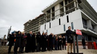Prime Minister Justin Trudeau delivers remarks at the building site