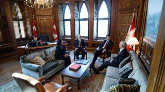 Photo number 1 from the photo gallery Prime Minister Justin Trudeau welcomes newly elected MPs Jean Yip, Churence Rogers and Gordie Hogg to Parliament Hill