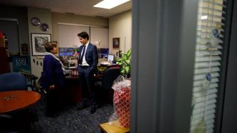 Prime Minister Justin Trudeau talks with councillor Mary Deros