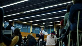 Prime Minister Justin Trudeau speaks to the crowd
