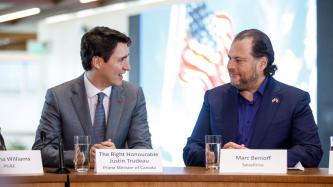 PM Trudeau sits with Salesforce CEO Marc Benioff