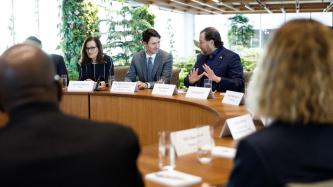 PM Trudeau sits with Salesforce CEO Marc Benioff
