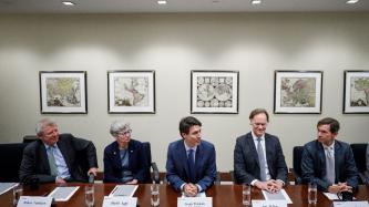 Prime Minister Justin Trudeau speaks during a roundtable meeting at BlackRock 