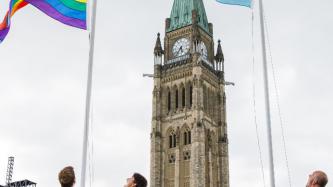 PM Trudeau and MP Boissonnault raise the Pride and Trans flags on Parliament Hill