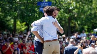 PM Trudeau and Nova Scotia MP Sean Fraser exchange a hug