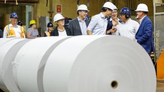Prime Minister Justin Trudeau visits the Rayonier paper mill in Kapuskasing, Ontario