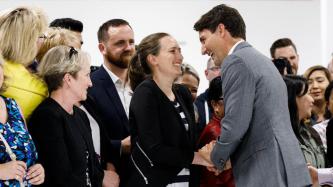 Prime Minister Justin Trudeau and Premier Brian Pallister visit the Canada Goose factory in Winnipeg