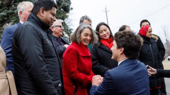 PM Trudeau shakes hands with a woman while other MPs look on