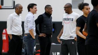 PM Trudeau, Min. Hussen, Raptors President Masai Ujiri share a laugh
