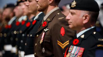 Canadian soldiers stand at attention