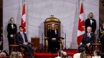 Gov. Gen. Payette and PM Trudeau sit in the Red Chamber