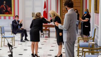 Governor General Payette elbow bumps Deputy Prime Minister Freeland 