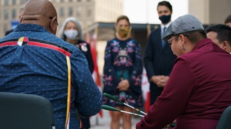 PM Trudeau, Sophie Grégoire Trudeau and Governor General watch a drumming performance