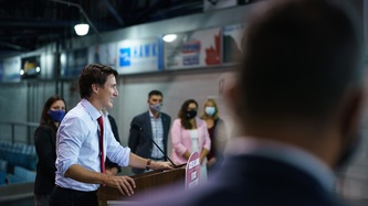 PM Trudeau speaks at the podium