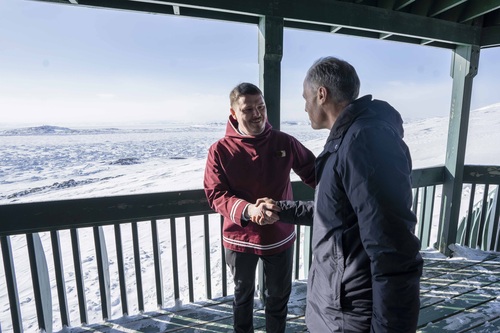 Prime Minister Mark Carney shakes hands with Premier of Nunavut P.J. Akeeagok.