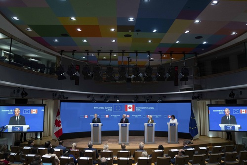 Prime Minister Carney, President Costa, and President von der Leyen hold a joint media availability at the Canada-EU Summit.